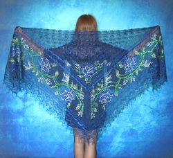Dark blue embroidered Orenburg Russian shawl, Hand knit wool wrap, Wedding stole, Warm bridal cape, Kerchief, Big scarf