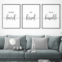 Office Wall Decor, Work Hard, Be Kind, Stay Humble, Printable Quotes, Office Wall Art, Office Quotes Printable, Set of 3