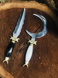 CRESCENT MOON DAGGER RITUAL ATHAME BOLINE CURVED HANDMADE KNIFE BONE HORN HANDLE