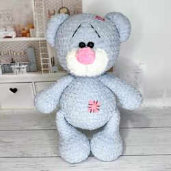 amigurumi grey teddy bear handmade plush stuffed animal toy with pink nose, stuffed crochet toy bear