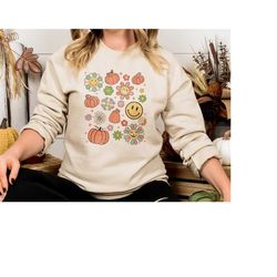Fall Floral Sweatshirt, Women's Fall Flowers Sweatshirt, Flowers Lover Gift Sweatshirt, Floral Pumpkin Sweatshirt, Cute