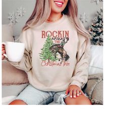Rockin Around the Christmas Tree Sweatshirt, Western Christmas Sweatshirt, Retro Christmas Shirt,Christmas Cowboy Sweats