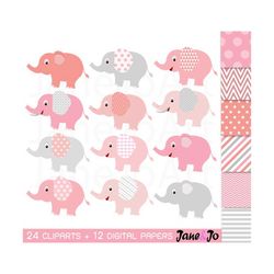24 elephant clipart  pink and grey elephant clip art, baby elephants clip art baby shower digital elephant,chevron polka