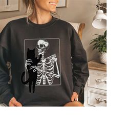 Skeleton Holding Cat Halloween Shirt, Cute Cat Halloween Shirt, Cat Lover Shirt, Retro Halloween Shirt