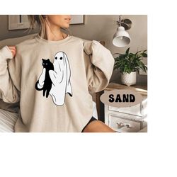 Ghost Cat Sweatshirt, Cat Halloween Shirt, Halloween Gifts for Cat Lovers, Cute Ghost Holding Black Cat Shirt, Spooky Ca