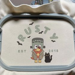 Rusty EST 2018 Halloween Embroidery Design, Happy Haloween Embroidery File, Blue Dog Cartoon Embroidery Design, Halloween Trending Design, 3 Sizes