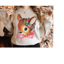 Retro Reindeer Pink Christmas Sweatshirt Cottagecore Gift for Her, Cute Baby Deer Shirt, Retro Christmas Shirt, Vintage
