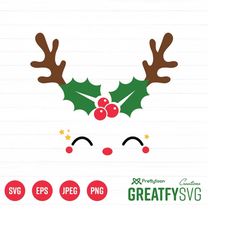 SVG Cute Christmas Deer Reindeer with red Hat Cut File Face for Cricut Design Space, Reindeer Christmas Face Clipart, Xm