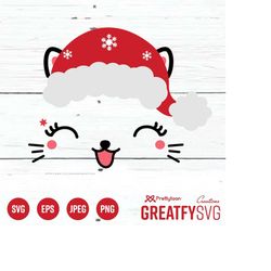 svg christmas happy cat red hat cut file for cricut design space, happy christmas cute funny cat with red hat cutting fi