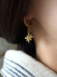 Star earrings, Pressed flower huggie drop earrings, Gold stainless steel earrings