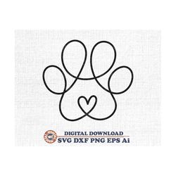 Paw Print Doodle with Heart svg, Animal paw svg, Cat Paw svg, Dog Paw svg, Pet Paw svg, Paw Silhouette, Svg Dxf Eps Ai P