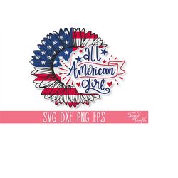 All American Girl SVG Cut File, American Flag Sunflower SVG, 4th of July Svg, America Svg Files, USA Svg Cricut, 4th of