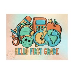Hello First Grade PNG-Back to School Sublimation Digital Design Download-boy back to school png, first grader png, retro