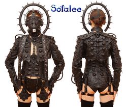 Women's stylish genuine leather suit jacket bolero corset shorts suspenders collar mask "Shiva". Leather costume.
