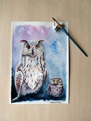 The Owl painting,  wall decor interior fashion love watercolor original fine art by AeroDreamSoul