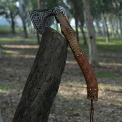 18 inches handmade mini carbon steel viking axe hatchet axe engraved high carbon steel axe, leather wrapped on h