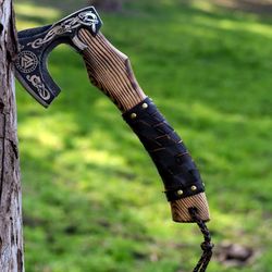 13 inches handmade mini carbon steel viking axe hatchet axe engraved high carbon steel axe, leather wrapped on h