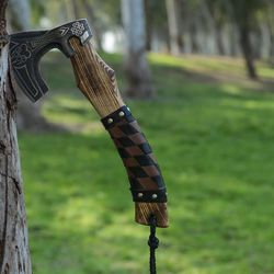 13 Inches Handmade Mini Carbon Steel Viking Axe Hatchet Axe Engraved High Carbon Steel Axe, Leather Wrapped on H