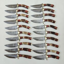 LOT OF 20 PCS 8" DAMASCUS STEEL HUNTNG KNIVES STAG HORN HANDLE W/SHEATH AQ02