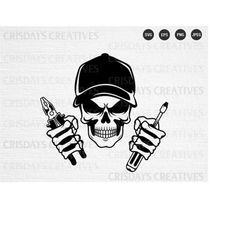 Skull Electrician Svg| Electrician Svg| Skull and Pliers Svg| Holding Screwdrivers Svg| Screwdriver Vector| Cut Files, P