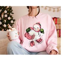 Retro Christmas Snowman Sweatshirt Gift for Her, Vintage Pink Christmas Shirt, Ugly Christmas Sweater Family Shirts, Swe