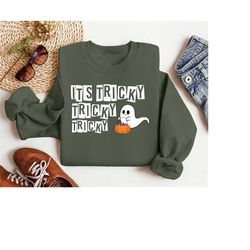 It's Tricky Tricky Tricky Crewneck Ghost Sweatshirt For Spooky Season, Funny Halloween Shirt, Cute Ghost Hoodie, Pumpkin