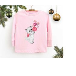 toddler christmas shirt long sleeve tee, cute cat shirt for baby, christmas gift for granddaughter, christmas kids shirt