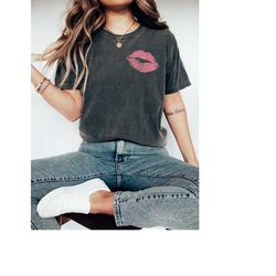 Valentines Comfort Colors Shirt, Pink Lips Kiss Valentines Day Shirt Gift for Her, Vintage Style Valentine Tee Valentine