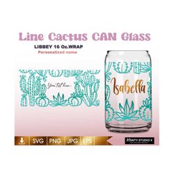 Full wrap Line cactus Glass Wrap Svg,Summer succulent can glass svg,cacti svg,16oz Libbey Can Glass Wrap,for Circut cut