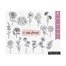 15 Flowers SVG bundle ,wildflowers svg ,hand drawn ,floral svg,Bouquet floral svg ,minimalist line floral svg,Digital Do