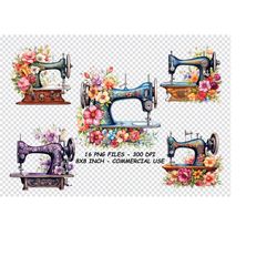 Watercolor FLORAL SEWING MACHINES Clipart, Watercolor Floral Sewing Machines Png Files, Transparent Background