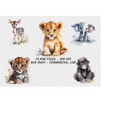 safari baby animals watercolor clipart, jpgs, safari baby animals png, commercial use, safari clipart transparent backgr