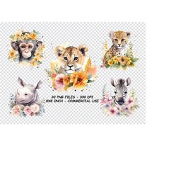 safari baby animals watercolor clipart, jpgs, safari baby animals png, commercial use, safari clipart png