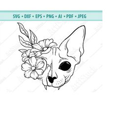 Sphynx Cat SVG, Sphynx Cat with Flower Svg, Skull sphynx portrait Svg, Cute floral cat, Cat Clipart, Floral Sphynx Svg,