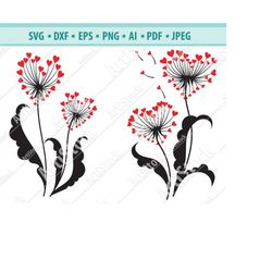 Dandelion with heart SVG digital cut file, Dandelion Flower svg, EPS .PNG Instant Digital Clipart Vector Cricut Cut Cutt