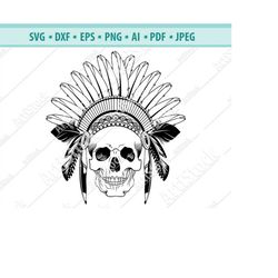 Indian Skull Svg, Headdress Svg, Skull Clipart, Indian Skull in Headdress with Feathers, Cherokee skull Svg, Indian chie