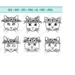 Cat Face SVG, Cat with Flower Crown SVG, Cat cut file, Animal Face Svg, Floral Crown Svg, Cat with Flowers on Head Svg,