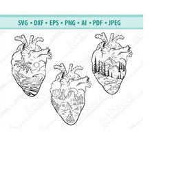Human heart with landscape Svg, Anatomical Svg, Heart with desert scene Svg, Beach scene Svg, Hearts clipart, Vector, Ep