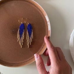 Royal blue beaded earrings with golden ombre fringe, boho bohemian gypsy jewelry, Dangle modern earrings,  gift for her