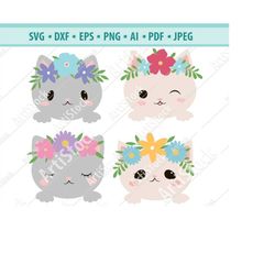 Cat face in flower headband svg, Cute kitten SVG, Flower wreath headband on head SVG, Animal face Svg, clipart vector, c