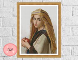 Cross Stitch Pattern,Girl With A Pomegranate,William Bouguereau,Famous Painting, X Stitch Chart,Full Coverage,Portrait