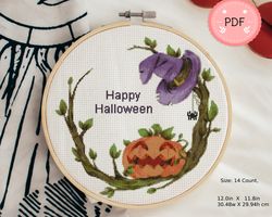Cross Stitch Pattern,Halloween Wreath,Pumpkin And Witch Hat ,Pdf Instant Download,Spooky X Stitch Chart,Spider