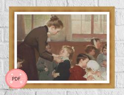 Cross Stitch Pattern, At School By Jean Geoffroy,Pdf,Instant Download ,Famous Painting,Full Coverage,Teacher And Student