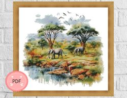 Cross Stitch Pattern,African Landscape With Elephants,Elephant Family,Pdf,Instant Download,Watercolor