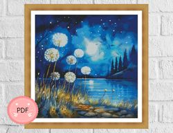 Cross Stitch Pattern,Dandelion And Night Forest View,Mysterious Forest,Nature Landscape,Full Coverage,Starry Night