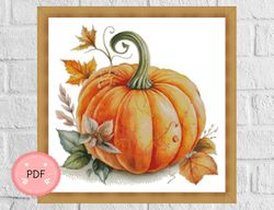Cross Stitch Pattern,Pumpkin With Leaves,Pdf Instant Download,X Stitch Chart,Harvest,Halloween,Thanksgiving,Autumn