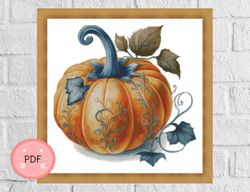 Cross Stitch Pattern,Pumpkin With Leaves 2,Pdf Instant Download,X Stitch Chart,Harvest,Halloween,Thanksgiving,Autumn