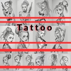 Girl Drawing Tattoo PNG Files, Digital Download