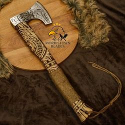 handmade viking axe, carbon steel blade, sheath included, personalized hatchet, bearded axe, best gift for men