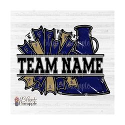 Cheer Design PNG, Add Your Own Name Cheer Megaphone and Pom Poms in Navy and Gold PNG, Cheer Sublimation PNG, Cheerleadi